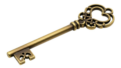 Isolated ornamental antique brass skeleton key casting shadow, security concept idea