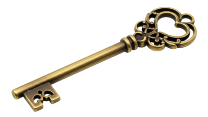 Isolated ornamental antique brass skeleton key casting shadow, security concept idea