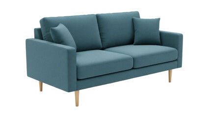 Isolated teal loveseat with pillows and wooden legs, interior furniture for living room décor