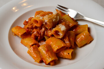 Rigatoni alla Zozzona Roman Pasta with Salsiccia, Guanciale and Tomato Sauce from Italy