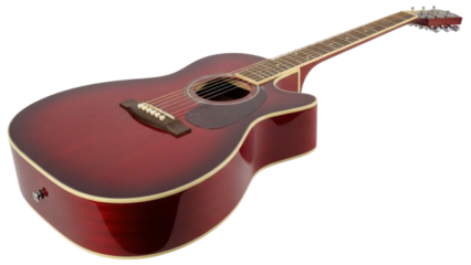 Isolated musical instrument a red acoustic guitar for playing a melody on a stage or record