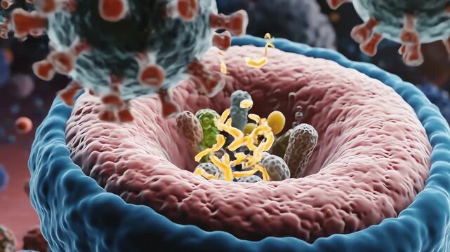 Microscopic view of the Ebola virus infecting a human cell with its genetic material