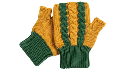 Isolated green and yellow knitted fingerless gloves, fashion accessory for warmth in winter months