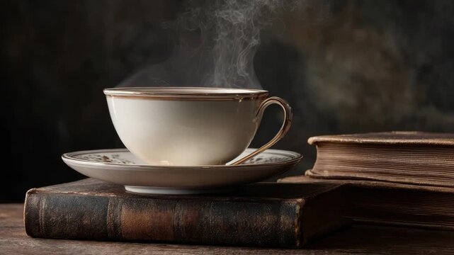 Still Life of Steaming Cup of Tea on Old Books in Dark Studio Setting with Dramatic Lighting and Antique Feel and Gold Rimmed Cup on Wooden Table