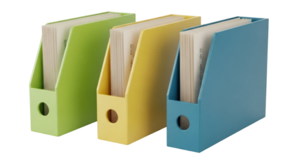 Isolated document file holders, green, yellow, blue for office, home filing organization