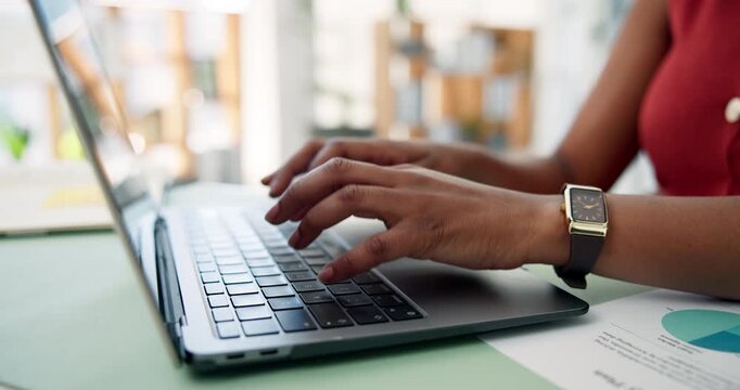 Hands, report and businesswoman typing on laptop for record keeping, data entry or auditing. Accountant, employee and tech in office for wealth management, track expenses and budget plan preparation