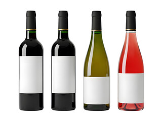 Four premium wine bottles with blank white labels and matte black or gold foil capsules, ideal for luxury branding and product mockup design, isolated on white or transparent background. PNG format.