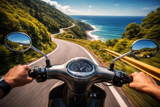 First-person view riding a scooter on a winding coastal road with ocean panorama, speedometer and mirrors in the foreground.