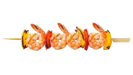 Isolated skewers with grilled shrimp, vegetables, on wooden stick, food, party cooking
