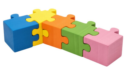 Isolated multicolored 3D puzzle blocks, building blocks, wooden toy parts, construction kit