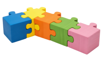 Isolated multicolored 3D puzzle blocks, building blocks, wooden toy parts, construction kit