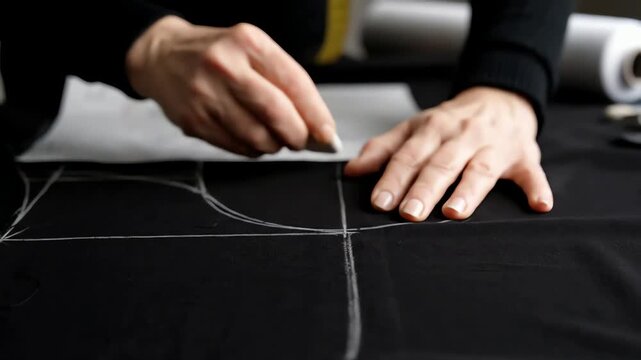 Close up of a seamstress hands marking a sewing pattern on black fabric with tailor's chalk
