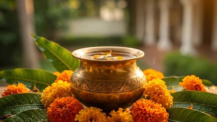 Sacred Kalash Pot Decorated With Marigold Flowers and Mango Leaves for Religious Ceremony