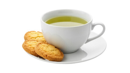 Isolated white teacup with tea and cookies on a saucer ready to enjoy a delicious snack