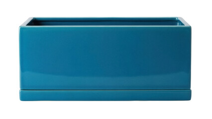 Fototapeta premium Isolated blue rectangular planter, ceramic vessel for flowers or herbs, modern decor style