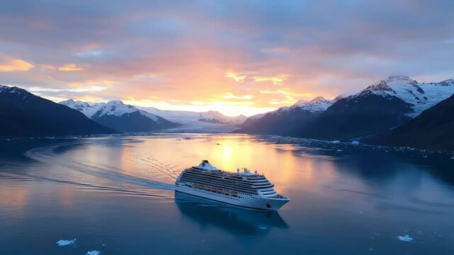 Majestic cruise ship sails through Alaskan fjord at sunrise with epic mountain and glacier views