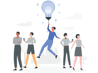 People standing around a man holding a lightbulb group idea inspiration