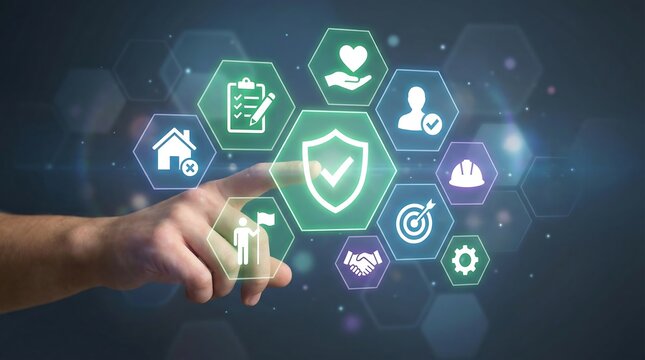 Secure digital network protection with shield icon and various security symbols - Powered by Adobe