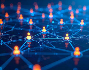A digital network illustration with interconnected user icons highlighted in orange, representing online connectivity, social media, and technology themes.
