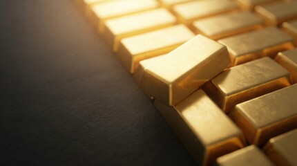Gold bars in rows with warm light and dark backdrop, for investment and value.