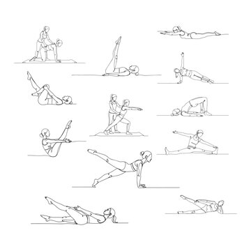 Continuous Line Art Pilates Exercises Set &ndash; Minimal Fitness Workout Poses Illustration