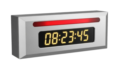 Isolated LED digital clock showing 08 hours, 23 minutes, and 45 seconds in the studio