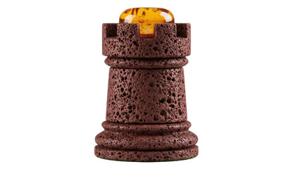 Isolated Chess rook piece crafted of volcanic rock with gemstone on top, medieval theme © Elena
