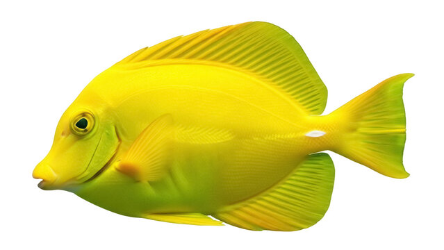 Isolated yellow tang, a brightly-colored tropical reef fish swimming sideways to the left