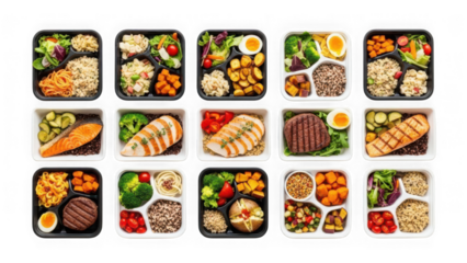 Variety of healthy meal prep containers with balanced portions of protein and vegetables isolated on transparent background