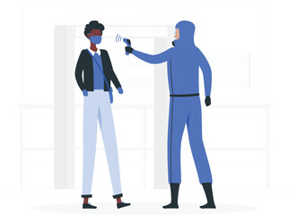 Person wearing protective suit taking temperature of another person temperature check face mask desi