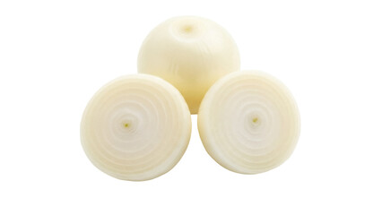 Isolated peeled onion bulb with two onion slices, healthy food ingredient preparation