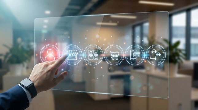 Businessman interacting with futuristic digital interface in modern office - Powered by Adobe