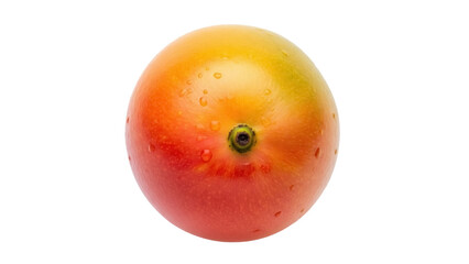 Isolated fresh vibrant mango fruit with stem end and drops, perfect for healthy eating ads