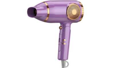 Isolated purple and gold hair dryer for hair care routine with cord loop, style and dry tools