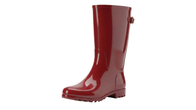 Isolated wine red rain boot stands upright, fashion apparel for wet weather outdoor activity