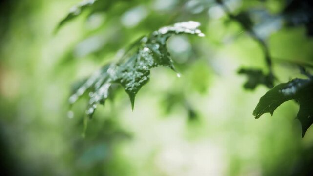 Green Maple Leaf with Sparkling Raindrops. Forest After Rain