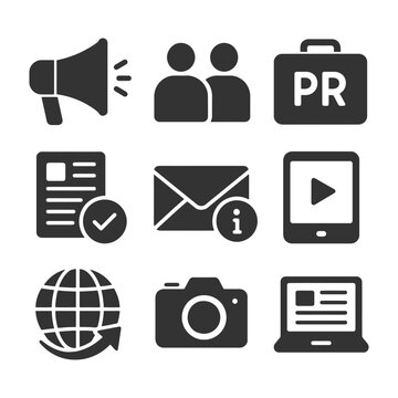 Public relations icons: megaphone, email, globe, camera, pr briefcase, laptop.
