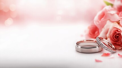 Elegant wedding rings paired with romantic red roses symbolizing eternal love and marriage celebration on white background.