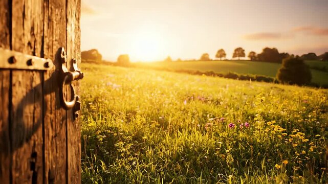 Old wooden door opens to reveal a sunlit meadow with wildflowers and rolling hills