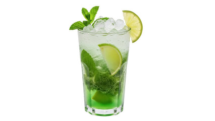 Isolated mojito cocktail with mint sprigs, ice cubes and lime slice garnish for bar or restaurant