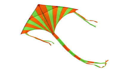 Isolated orange and green striped kite soars in the sky with its tail flying in the wind