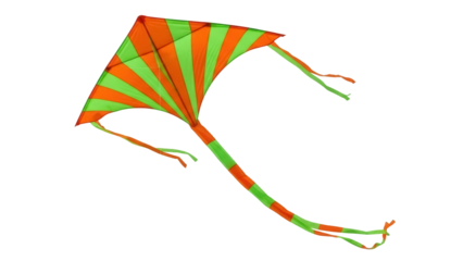 Isolated orange and green striped kite soars in the sky with its tail flying in the wind