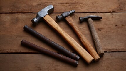 A collection of various hammers and rusty metal rods arranged on a rustic wooden surface