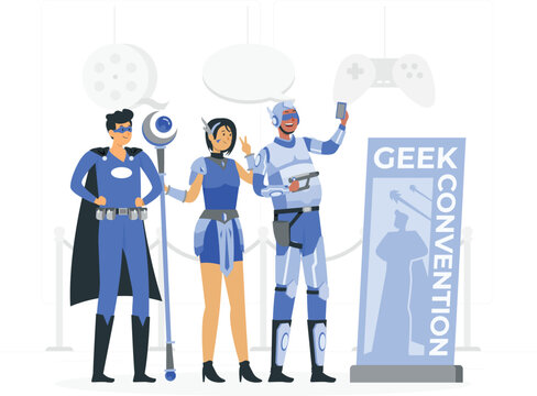 Three cosplayers at geek convention superhero robot game d