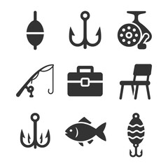 Fishing gear icons: rod, hooks, reel, tackle box, fish, bobber.