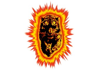 白背景に燃える火の虎のデジタルアート。炎に包まれた虎の力強いイメージイラスト。