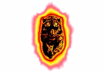 白背景に燃える火の虎のデジタルアート。炎に包まれた虎の力強いイメージイラスト。