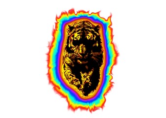 白背景に燃える火の虎のデジタルアート。炎に包まれた虎の力強いイメージイラスト。