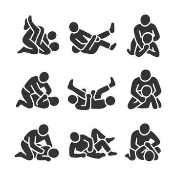 Martial arts grappling techniques icon set illustrating wrestling holds and submissions.