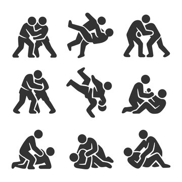 Silhouette martial arts techniques: diverse combat moves and positions.